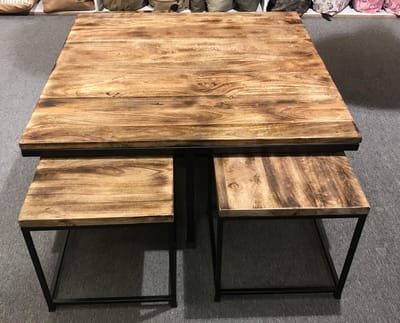 SENSE INDUSTRIËLE SALONTAFEL S/5 ZWART - TAFEL MUMBAI - SET VAN 5 - SALONTAFELSET 5 DELIG - HOUTEN KOFFIE TAFEL - MANGOHOUT