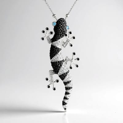 Cavill - Halsketting 925 Sterling Zilver Gerhodineerd - 2 Zwitsers Blauwe Topaas 0 108 ct - Zwarte Spinel - Elegante Ketting met Gekko Hanger