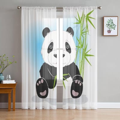 Panda Bamboe Bladeren Wit Luxe Chiffon Transparante Gordijnen voor Woonkamer Slaapkamer Decoratie Raam Voiles Tule Gordijn 135W x 114H(cm) white