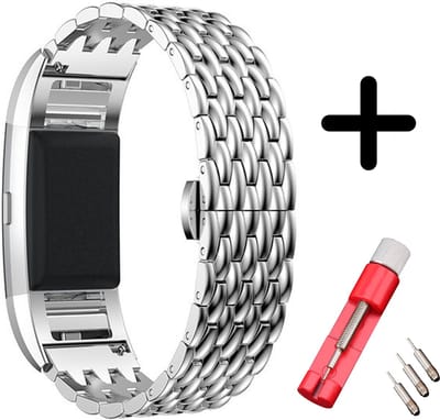 Geschikt voor Fitbit Charge 2 bandje staal zilver draak + toolkit