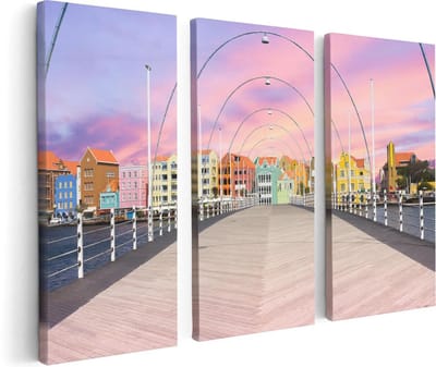 Artaza Canvas Schilderij Drieluik Willemstad Gekleurde Huisjes in Curaçao  - 120x80 - Foto Op Canvas - Canvas Print