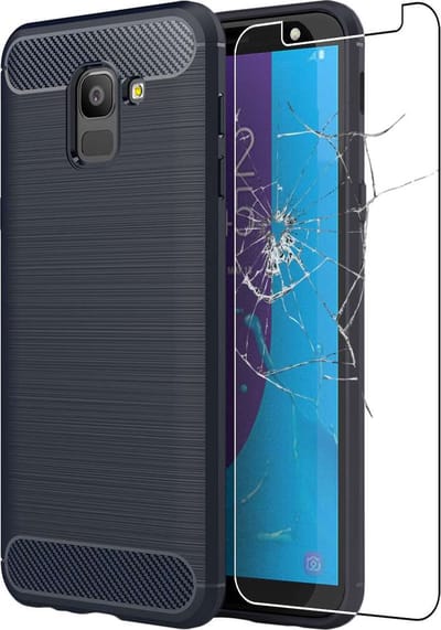 ebestStar - Hoes geschikt voor Samsung J6 2018 Galaxy SM-J600F, TPU Bescherming Cover, Koolstof Design Hoesje, Donkerblauw + Gehard Glas