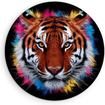 Saammp Muurcirkel Hout - Kleurrijke Tijger - Portret - Dieren - Abstract - Ø 90 - Wandcirkel - Wanddecoratie Cirkel - muurdecoratie Woonkamer - Slaapkamer decoratie - Rond Schilderij