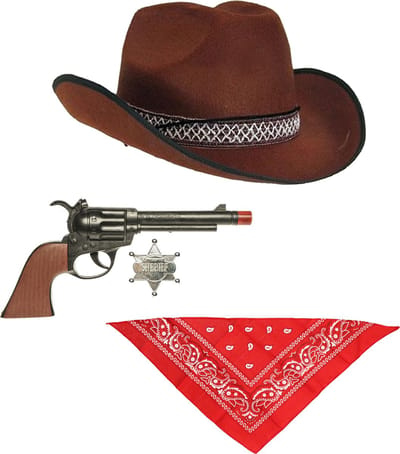 Funny Fashion - Carnaval verkleed set cowboyhoed bruin - rode zakdoek en pistool