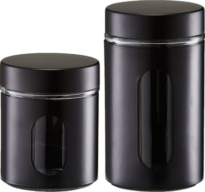 Voorraadpotten/blikken met venster - 2x - zwart - 600 en 900 ml - metaal