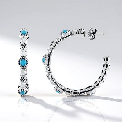 Cavill - Zilveren oorbellen - 925 Sterling Zilver Geoxideerd - Sleeping Beauty Turkoois 1,71 ct - Boho elegante cabochon oorbellen - 36 mm