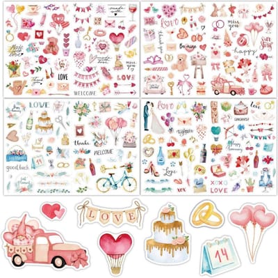 Bruiloft Stickers - 220 stuks - Huwelijksalbum of Gastenboek Decoratie - 4 Stickervellen met Love/Liefde/Hartjes/Trouwerij