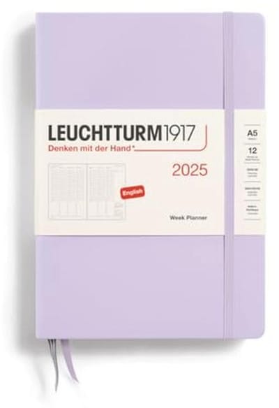 Weekplanner 2025, medium A5 hardcover - 12-maands-kalender, gelinieerd, lila, Engels
