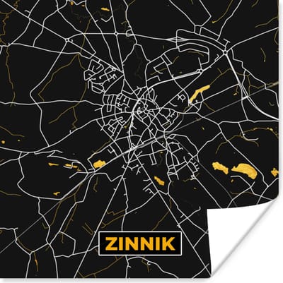Poster Stadskaart - Goud - Kaart - Plattegrond - Zinnik - 100x100 cm XXL