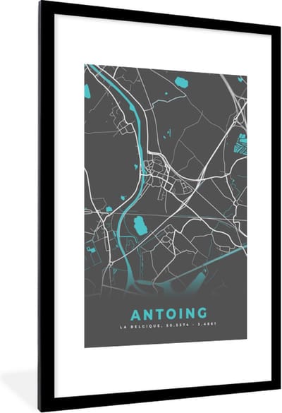 Fotolijst incl. Poster - België – Antoing – Stadskaart – Kaart – Blauw – Plattegrond - 80x120 cm - Posterlijst