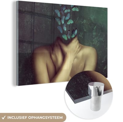 MuchoWow® Glasschilderij 120x80 cm - Schilderij acrylglas - Torso - Stilleven - Vlinders - Blauw - Foto op glas - Muurdecoratie woonkamer - Wanddecoratie slaapkamer - Schilderijen