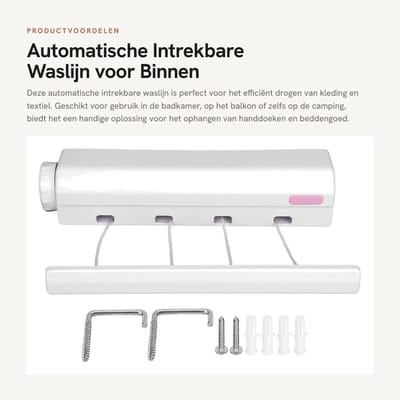 Dailygoods- Waslijn Automatisch Intrekbaar - Wanddroogrek - Waslijn Uittrekbaar Buiten - Waslijn Camping - Ruimtebesparend - Belastbaar tot 8kg - Wasdroger