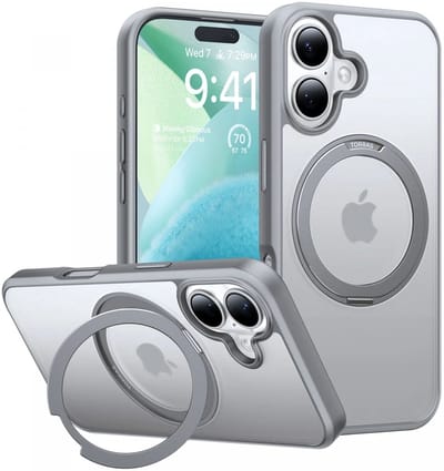 TORRAS Hoesje Geschikt voor Apple iPhone 16 - UPro Ostand Pro - Compatibel met MagSafe - Back Cover met Magneet - 360° Draaibare Ring Standaard - Grijs