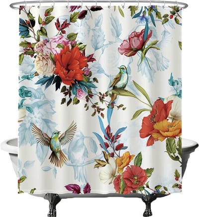 Ulticool Douchegordijn - Vogel Bloemen Natuur - 180 x 180 cm - met 12 ringen - Anti Schimmel - Waterdicht & Wasbaar - Semi Transparant - Decoratie Lente - Wit Rood Oranje Roze