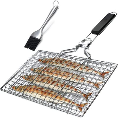 EXCITAT Grillmand - Opvouwbaar - Roestvrij staal - Geschikt voor het bereiden van vis, groenten, garnalen - Afneembare handgreep - Bakborstel
