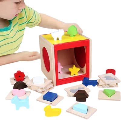Peutervorm Sorter - Houten Puzzel - Motorische Vaardigheden - Elastische Banden - 17 x 17 x 17 cm - Multicolor