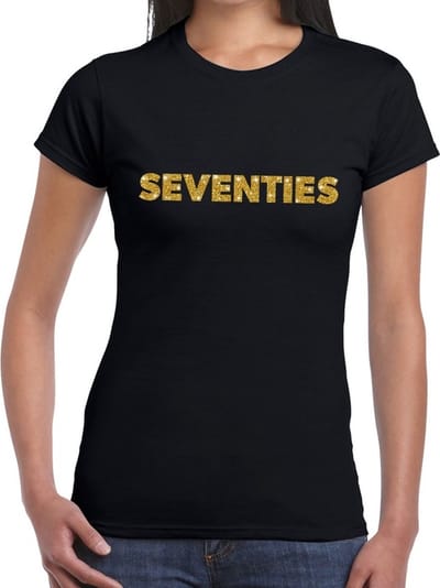 Seventies goud glitter t-shirt zwart dames - Jaren 70 kleding XS