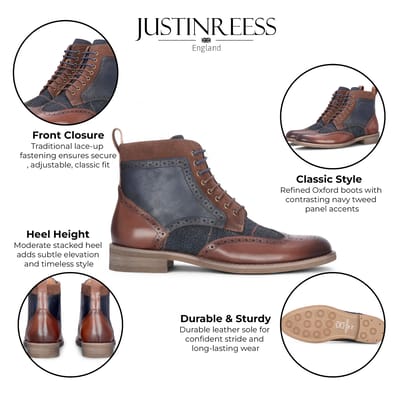 Justin Reess Heren Bruine Leren Marineblauwe Tweed Oxford Schoenen - Teddy