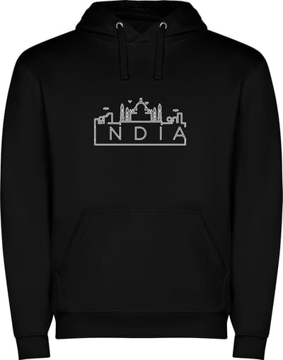 Zwarte unisex hoodie met “ Skyline India – Vakantiegevoel – Strak – Modern “ Print Full Color Color merk Roly maat S