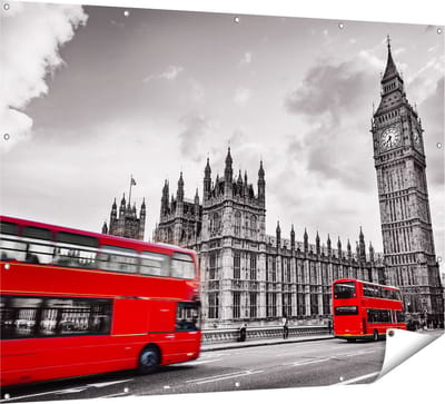 Gards Tuinposter Rode Bussen in Londen - Retro - 160x120 cm - Tuindoek - Tuindecoratie - Wanddecoratie buiten - Tuinschilderij