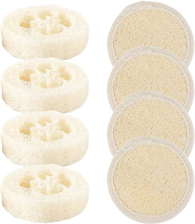 Handmatige gezichtsreiniging met 8 stuks scrubbers en make-up verwijderborstels, natuurlijke loofah spons voor een zachte huid, ideaal voor douche en lichaam