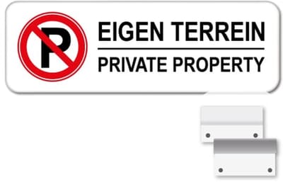 Parkeerbord Eigen Terrein - Private Property - Weerbestendig Aluminium - 40x15 cm - Bevestiging: Met muur-/ wandmontage beugels