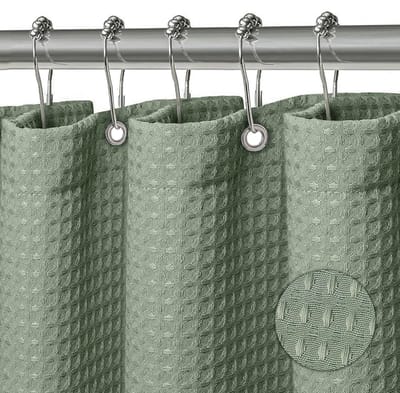 Douchegordijn, wasbaar, textiel, polyester stof, badgordijn met 12 metalen douchegordijnringen, waterdicht, voor douche en bad, 180 x 180 cm, wafelgroen