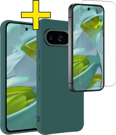Hoesje - Met Screenprotector - Geschikt voor Google Pixel 9 - Sterk & Shockproof - Back Cover - Siliconen Case - Telefoon Hoes - Telefoonhoesjes - Donkergroen