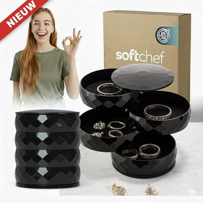 Soft Chef Diamond Jewelry Sieraden Organizer – Zwart – Set van 2 – Draaibaar 360° – Stofvrij – Compact & Stijlvol – Perfect Cadeau