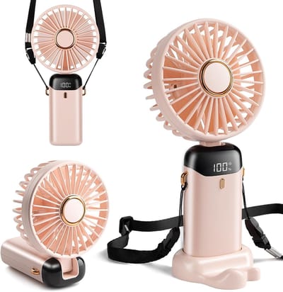 Mini Handventilator, Type-C Oplaadbaar, 800mAh, Digitaal Display, 5 Snelheden, 90° Opvouwbaar, Hand/Hals/Tafel 3-in-1, Make-up Ventilator voor Vrouwen (Kersenroze)