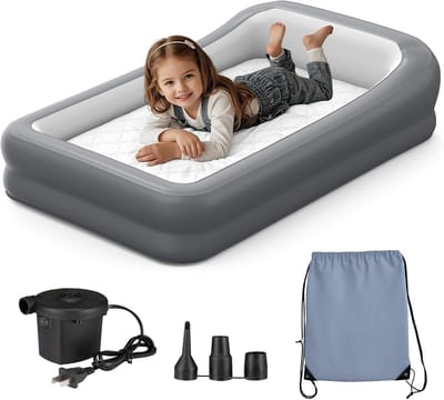 Opblaasbare Peuter Reisbedje Luchtbed Matras Voor Baby’s en Peuters, Ideaal voor Vakantie of Thuis Gebruik Inclusief Handige Pomp en Draagtas