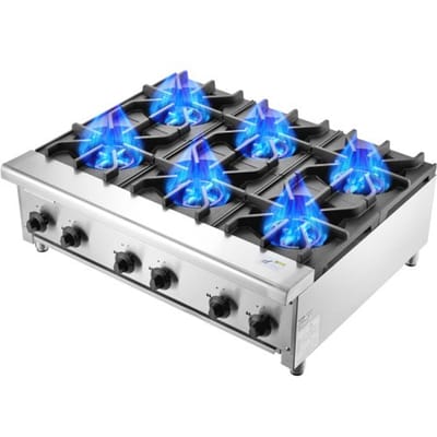 VEVOR commercieel gasfornuis met 6 gasbranders, propaan/aardgasfornuis, roestvrijstalen gaskookplaat, commercieel kookapparaat 915 x 775 x 335 mm voor restaurants, hotels en cafés, 42 kW