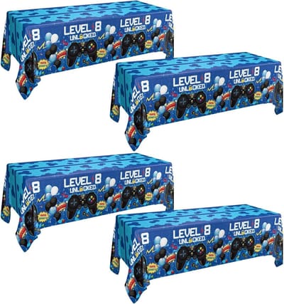 Videogames Party Tafelkleden - 4 Stuks Blauw Plastic Tafelkleed voor 8e Verjaardag, Decoraties en Benodigdheden voor Jongens en Videogame Feestjes