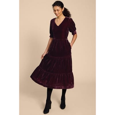 White Stuff Ayra Velvet Dre Dark Plum Größe: 12 REGULAR | Midikleider Outlet | Damen | Magenta