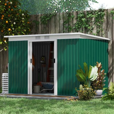 MEUNIQ tuinschuur 280 x 130 x 172 cm met schuifdeur en ventilatieroosters, metalen gereedschapsschuur voor tuin en buiten, donkergroen