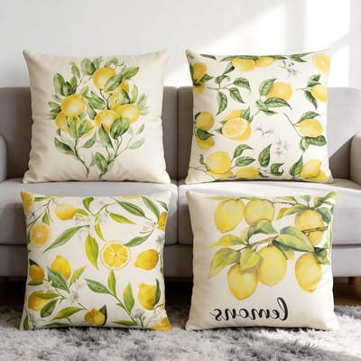 SnelShoppen - 4 Kussenhoezen 45 x 45 cm, Dubbelzijdig Bedrukt met Citroen en Bladeren, Polyester, Eenvoudig Onderhoud, Ideaal voor Bank, Slaapkamer, W