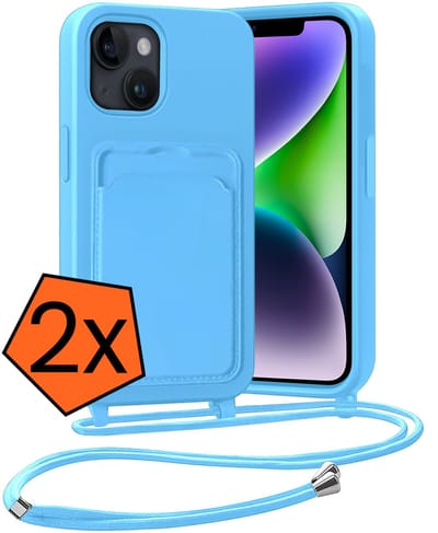 Hoesje Geschikt voor iPhone 13 Hoesje Met Telefoonketting Pasjeshouder Case Koord - Hoesje Geschikt voor iPhone 13 Hoes Met Kaarthouder - Lichtblauw - 2 PACK