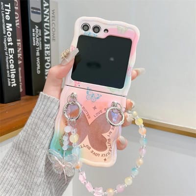 Telefoonhoesje met kralen polsband voor Samsung Galaxy Z Flip 5 4 3 Flip5 Flip4 Flip3 5G Kleurrijk Bling Glitter Vlinderpatroon Hoes Galaxy Z Flip4