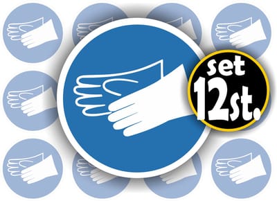 Jerma - Handschoenen verplicht - ISO norm - Stickers - set 12 st - Ø 4.5 cm - Weerbestendig - Vinyl