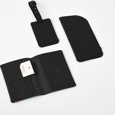 Brillenkoker, Paspoort hoesje en Bagagelabel - Complete Reisset van Gerecycled Leer - Zwart - Travel Kit | MADE out of