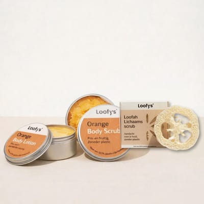 Alles-in-1 Lichaamsverzorging Cadeauset – Bodylotion 150ml + Bodyscrub 150ml + Loofah Spons - Orange