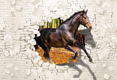 Fotobehang Horse Forest Brick Wall Hole Brown | XL - 208cm x 146cm | 130g/m2 Vlies