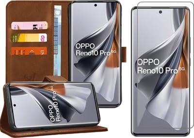 Hoesje geschikt voor Oppo Reno 10 / 10 Pro - Screenprotector Glas - Portemonnee Book Case Bruin