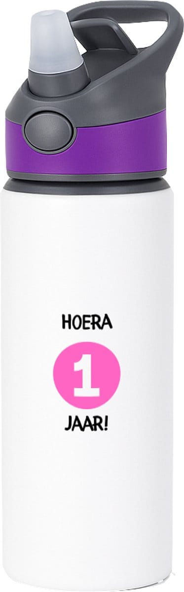 Hacebo® - Hoera 1 jaar waterfles met rietje paars - Verjaardag - Jarigen - Verjaardagscadeau - baby - Happy birthday - water fles - 650ML