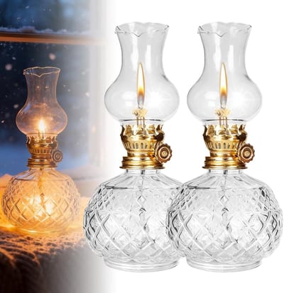 Set van 2 Glazen Petroleum Lampen voor Binnen, Verstelbare Helderheid, Retro Kerosine Lichten voor Tuin en Eetkamer, Vintage Open Vlam Lampen