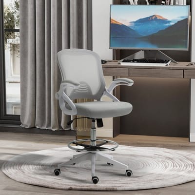 HAUSS SPOLE Bureaustoelen - Ergonomische Bureaustoel Met Verstelbare Voetring - Hoog/Laag Verstelbaar, Wippfunctie, Met Opklapbare Armleuningen Voor Kantoor - 64×60×126 cm - Metaal - Lichtgrijs