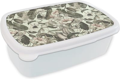 Broodtrommel Wit - Lunchbox - Brooddoos - Bloemen - Bladeren - Vintage - Patronen - 18x12x6 cm - Volwassenen
