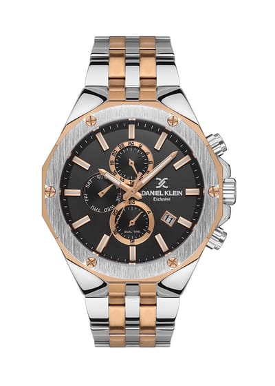 Daniel Klein DK.1.13531-4 - Horloge - Analoog - Mannen - Heren - stalen band - Metaal - Rond - Datumaanduiding - Tweede Tijdzone - 12/24 - Streepjes - Zilverkleurig - Rosékleurig - Zwart