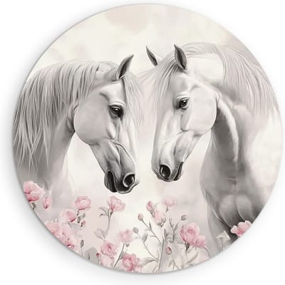 Saammp Muurcirkel Hout - 2 Paarden tussen de roze bloemen - Dieren - Natuur - Ø 90 - Wandcirkel - Wanddecoratie Cirkel - muurdecoratie Woonkamer - Slaapkamer decoratie - Rond Schilderij