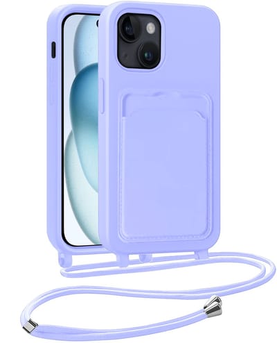 Hoesje Geschikt voor iPhone 15 Plus Hoesje Met Telefoonkoord en Pasjeshouder Siliconen - Hoes Geschikt voor iPhone 15 Plus Hoesje Met Kaarthouder Case - Lila